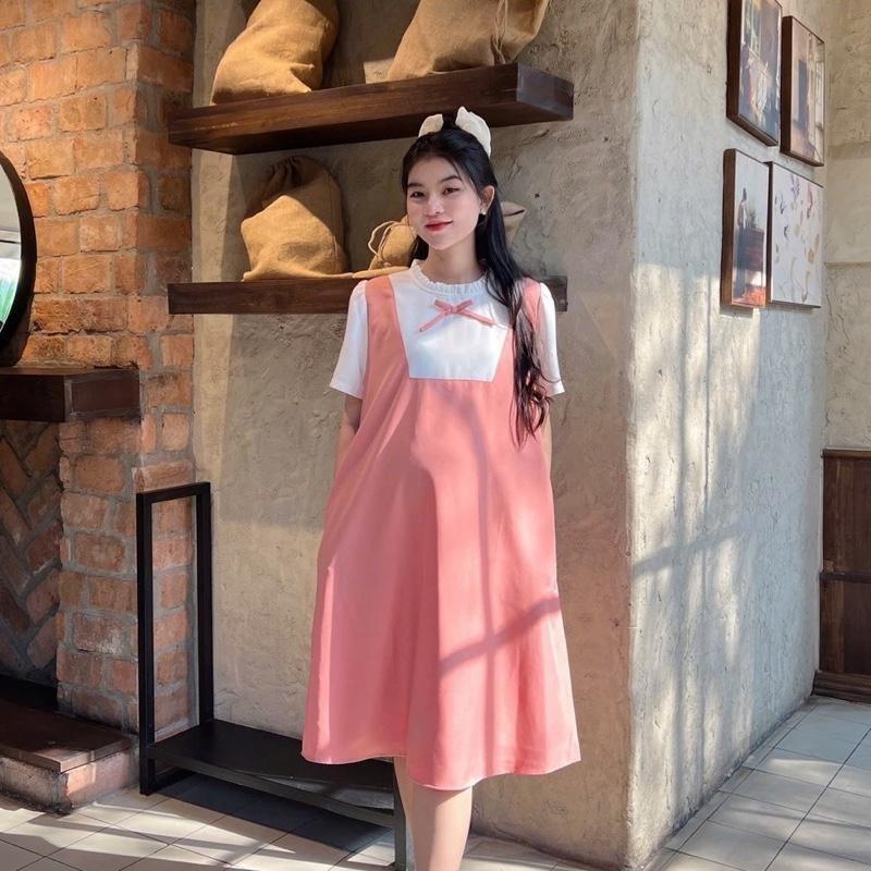 Đầm bầu yếm liền công sở cổ bèo dáng suông chất cotton lạnh mềm mát, bầu diện đi làm đi chơi đều xinh - Nâu