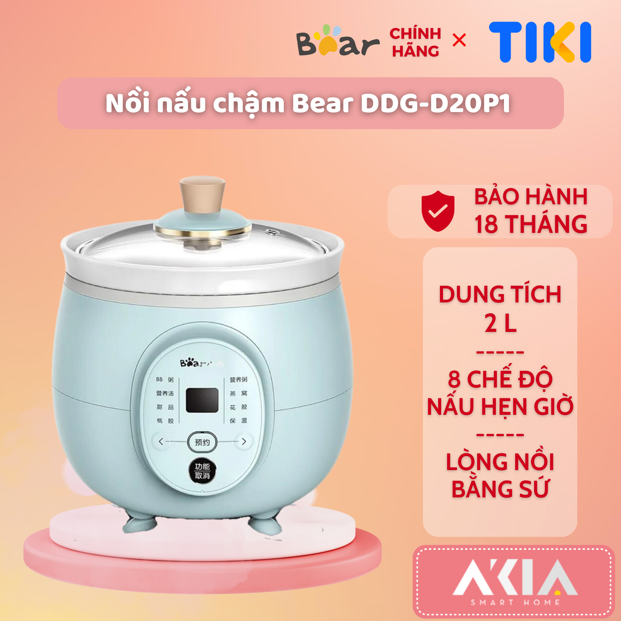 Nồi Nấu Chậm Đa Năng Bear DDG-D20P1 - Dung tích 2L, Lòng nồi bằng sứ, Hẹn giờ - Hàng Chính hãng - Bảo hành 18 tháng