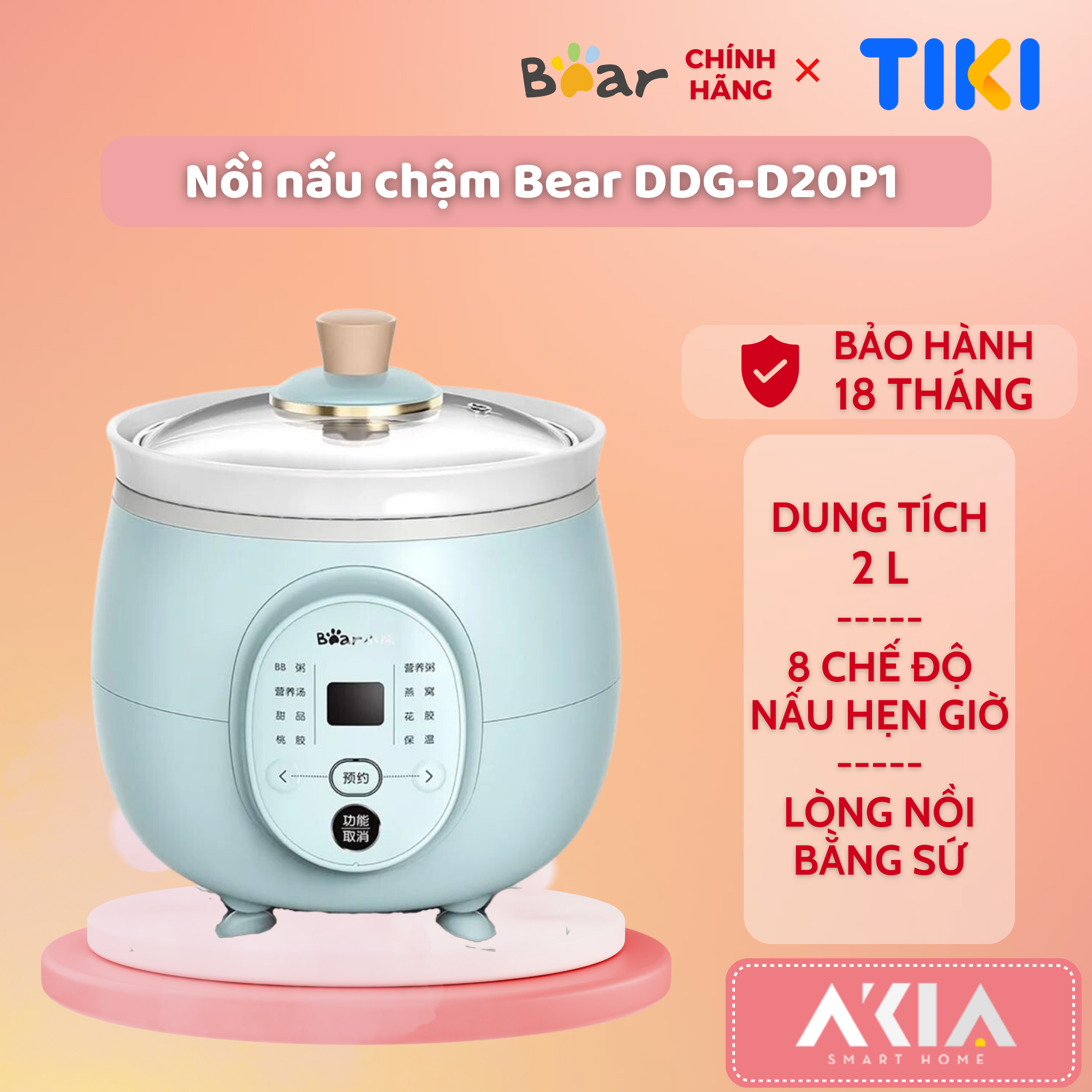 [BẢN QUỐC TẾ] Nồi Nấu Chậm Đa Năng Bear DDG-D20P1 - Dung tích 2L, Lòng nồi bằng sứ, Hẹn giờ - Hàng Chính hãng - Bảo hành 18 tháng