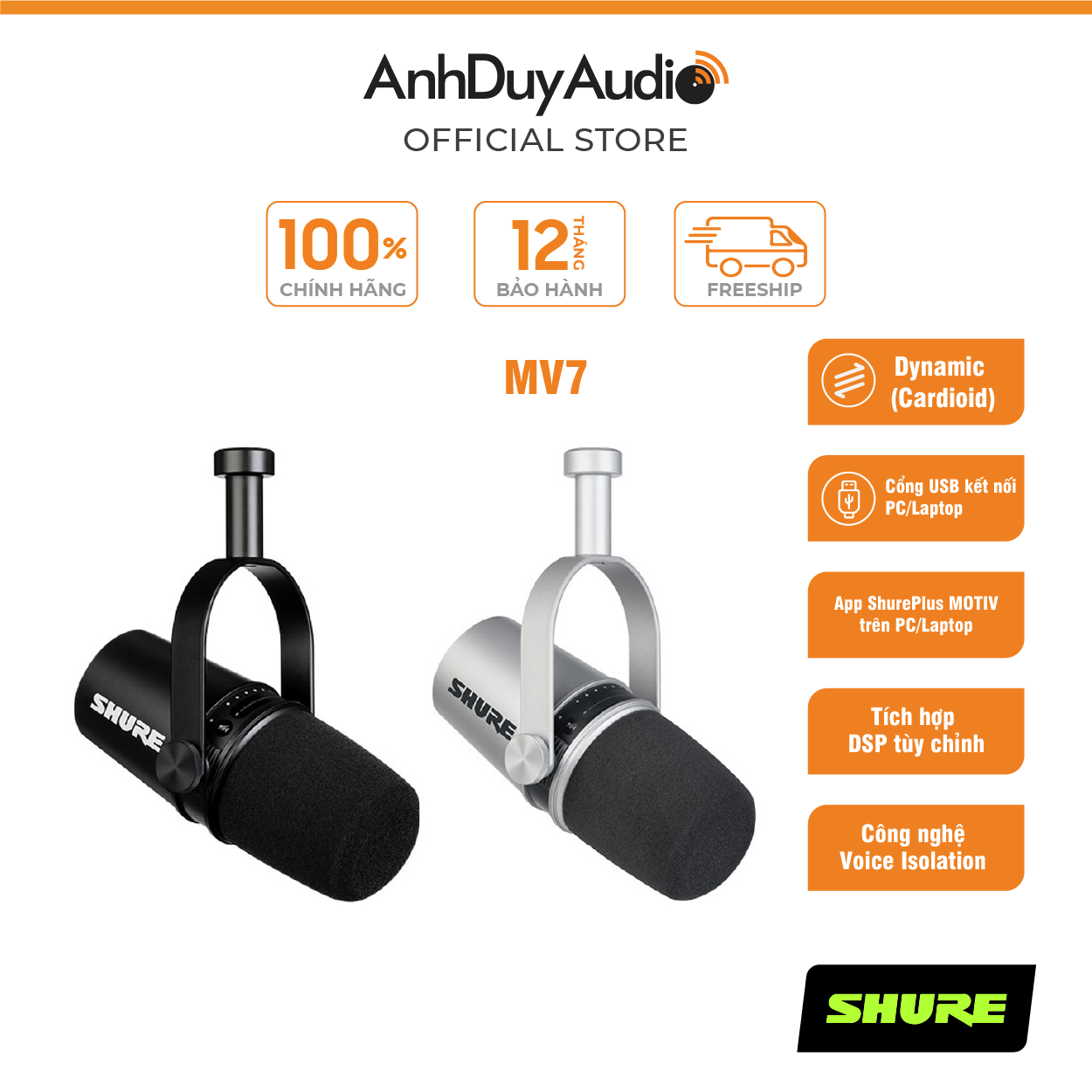 Micro USB Shure MV7 - Micro Podcast Livestream - Hàng Chính Hãng