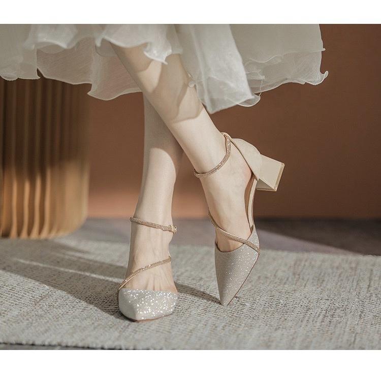Giày Sandal Cao Gót Mũi Nhọn Đính Đá Chất Liệu: Da Lộn Ở Gót Mềm Cao Cấp, Đế Cao Su 030