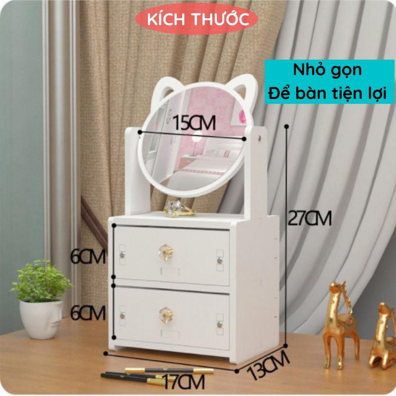 Kệ đựng mỹ phẩm mini màu trắng để bàn 2 ngăn kéo có gương tai mèo để đồ trang điểm ngăn nắp tiện lợi