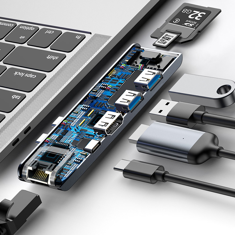 Bộ HUB chia cổng sạc 7 in 1 hiệu Baseus Thunderbolt Dual Type-C cho Macbook Pro mở rộng cổng sạc nhanh, 2 cổng USB 3.0, SD, Micro SD, HDMI, Cổng mạng LAN  - Hàng chính hãng