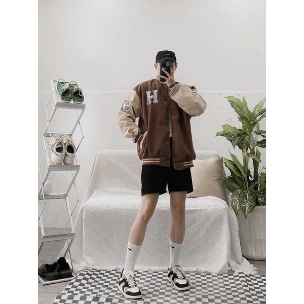 Bomber dạ phối tay da bomber nam có thêu chữ H