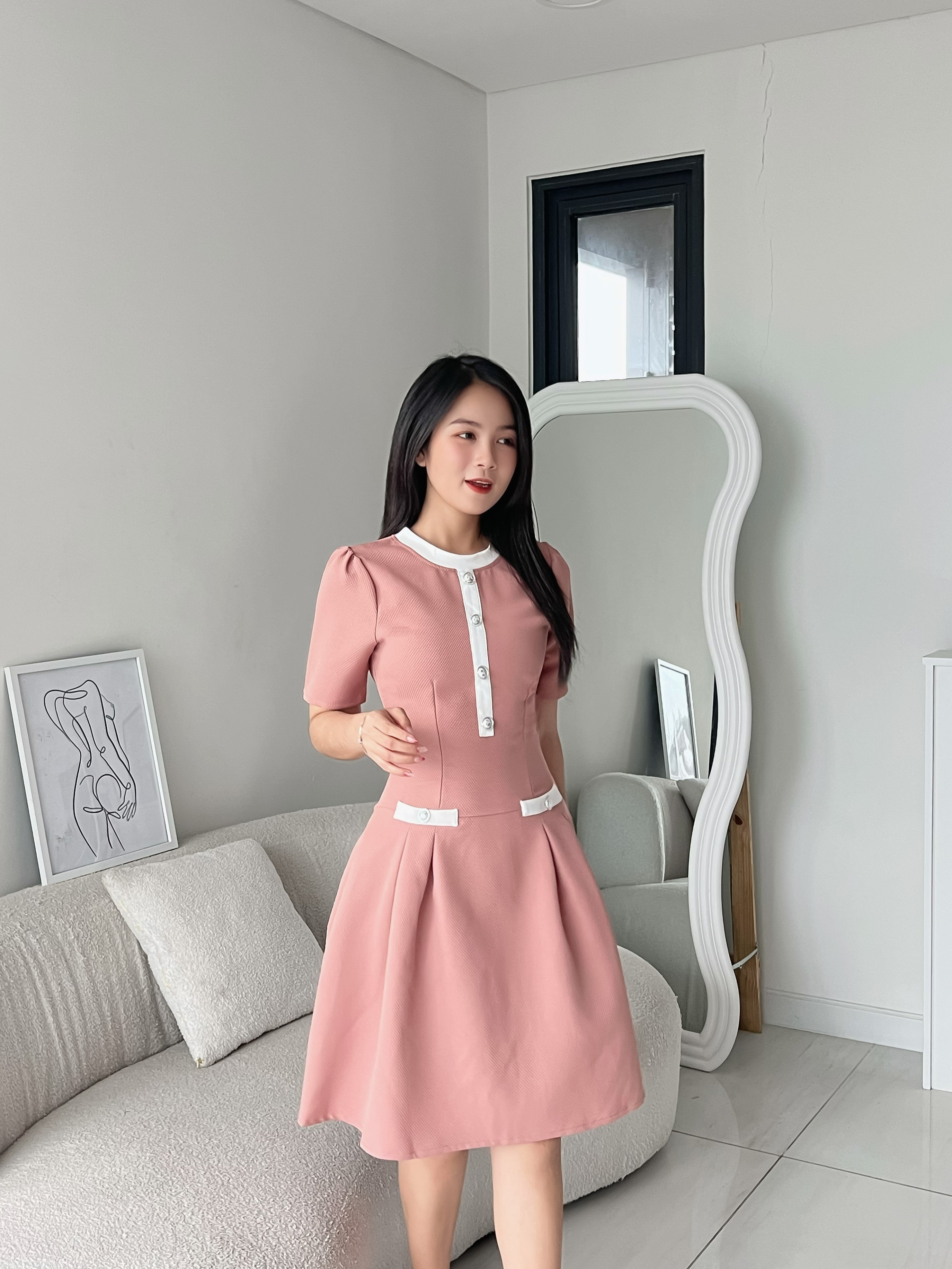 Đầm xòe phối cổ trụ trắng DA050 - Lady Fashion - Khánh Linh Style
