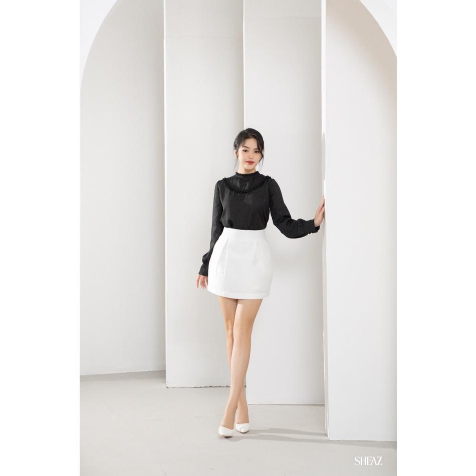 SHEAZ Áo sơ mi chiffon đen cao cấp dày dặn tay dài bèo ngực phong cách Hàn quốc