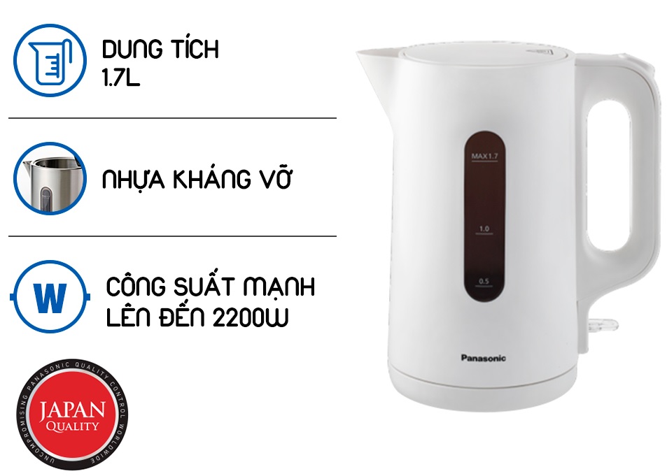 Bình đun siêu tốc Panasonic  NC-K101WRA 1.7 lít - HÀNG CHÍNH HÃNG