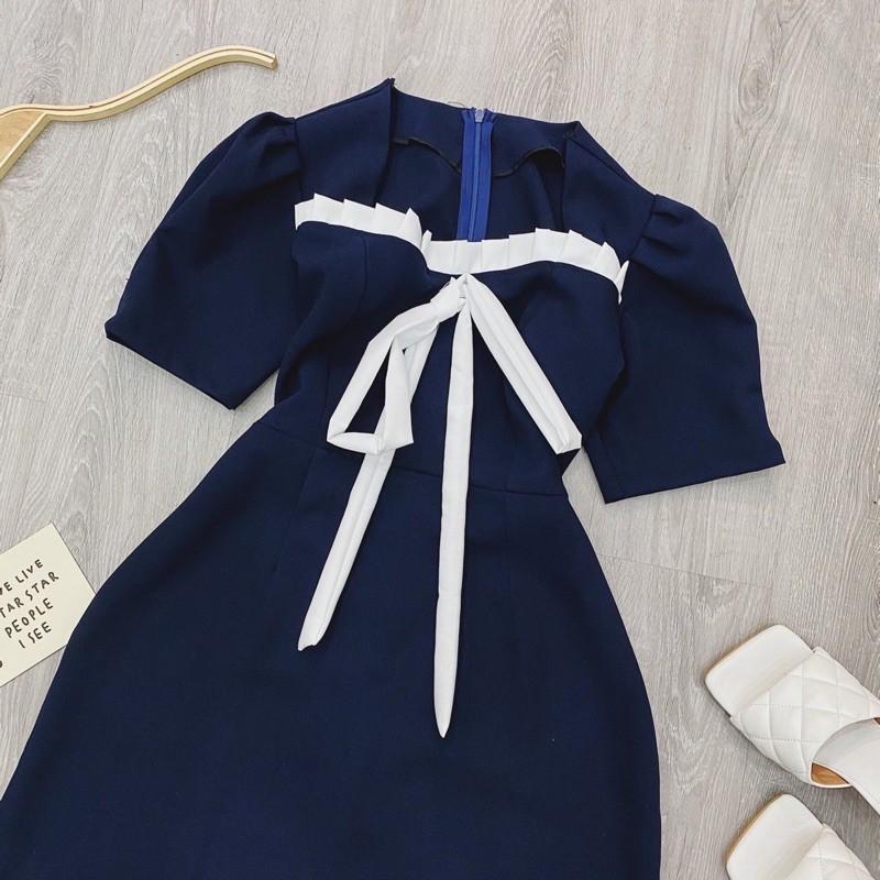 Đầm váy xanh đen phối trắng (kèm hình thật)