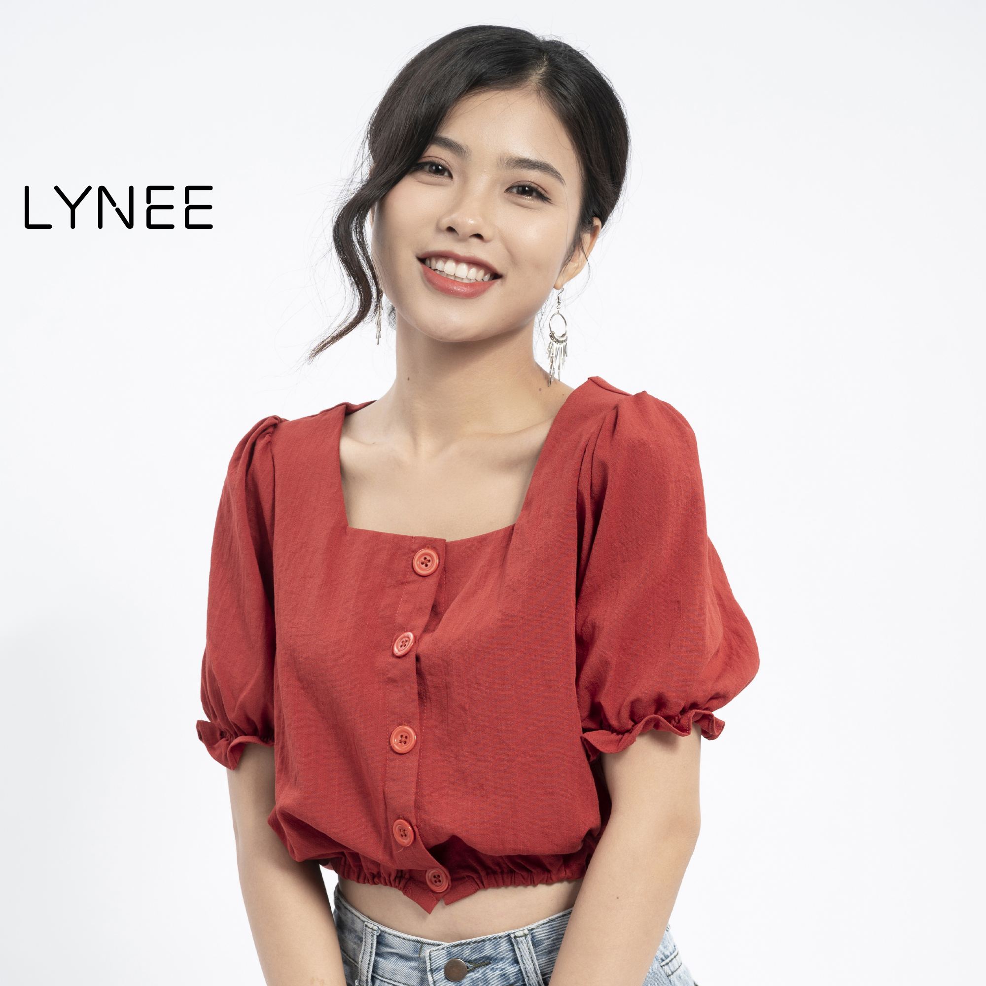 Áo croptop cổ vuông nữ tay bồng LYNEE áo kiểu nữ croptop vải linen mềm mát xinh dịu dàng đáng yêu - CT01