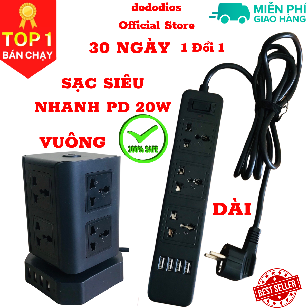 Ổ cắm điện đa năng dododios có sạc nhanh PD 20W cổng USB + typeC, 4-8 lỗ cắm tải 2500W an toàn chống giật, chịu nhiệt - Hàng chính hãng