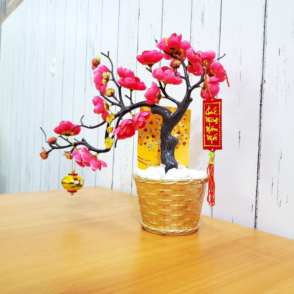 Chậu đào nhí giả dáng bon sai trang trí tết cao 25cm