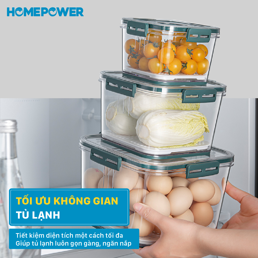 Hộp đựng thực phẩm tủ lạnh, bảo quản đồ ăn rau củ trái cây Homepower 1L/2.5L/5L có lót đáy ráo nước, van thoát khí PET cao cấp 