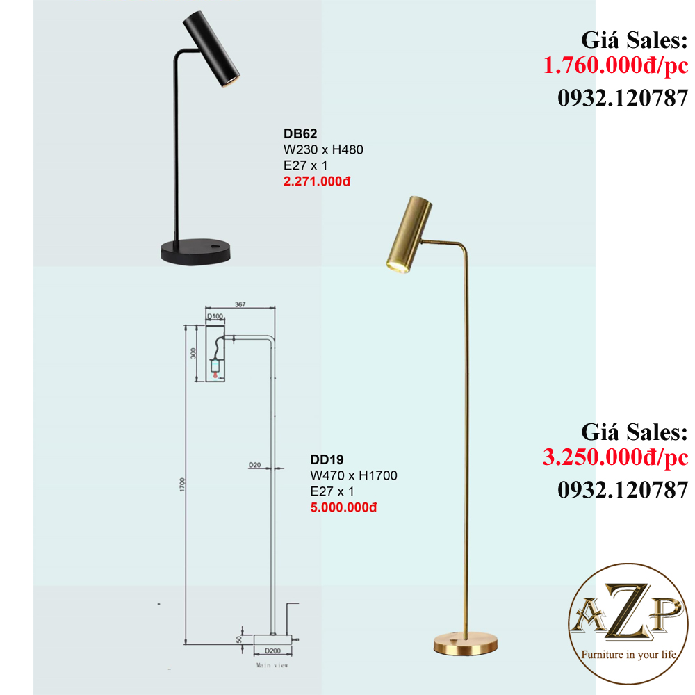 AZP - ĐÈN ĐỨNG / ĐÈN TRANG TRÍ / ĐÈN PHÒNG KHÁCH AZP-DB62 / DD19 phong cách đương đại, hàng nhập khẩu AZP