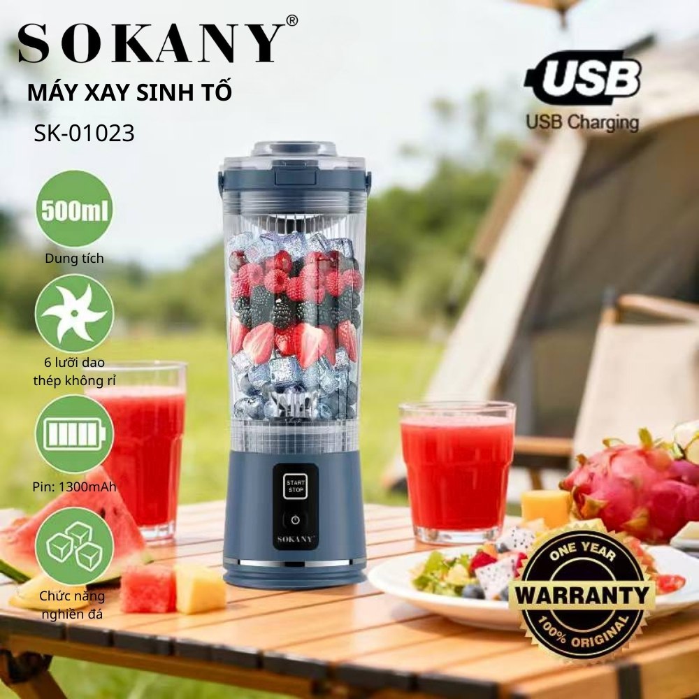 XAY ĐƯỢC ĐÁ - Máy xay sinh tố cầm tay SẠC PIN KHÔNG DÂY SOKANY SK-01023, pin sạc 1300mAh, 6 lưỡi dao sắc bén không gỉ - HÀNG CHÍNH HÃNG