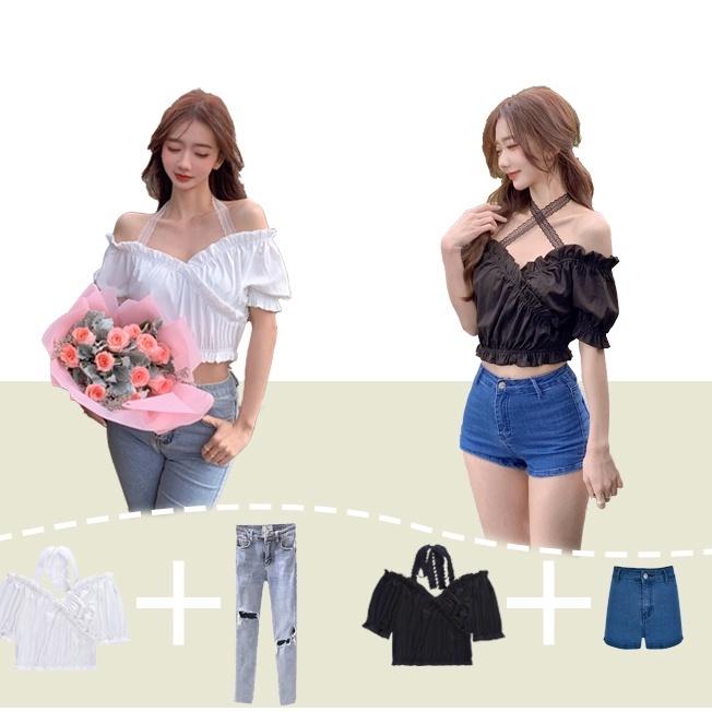 áo croptop 2 dây tay phồng trễ vai sexy xinh xắn dành cho nữ