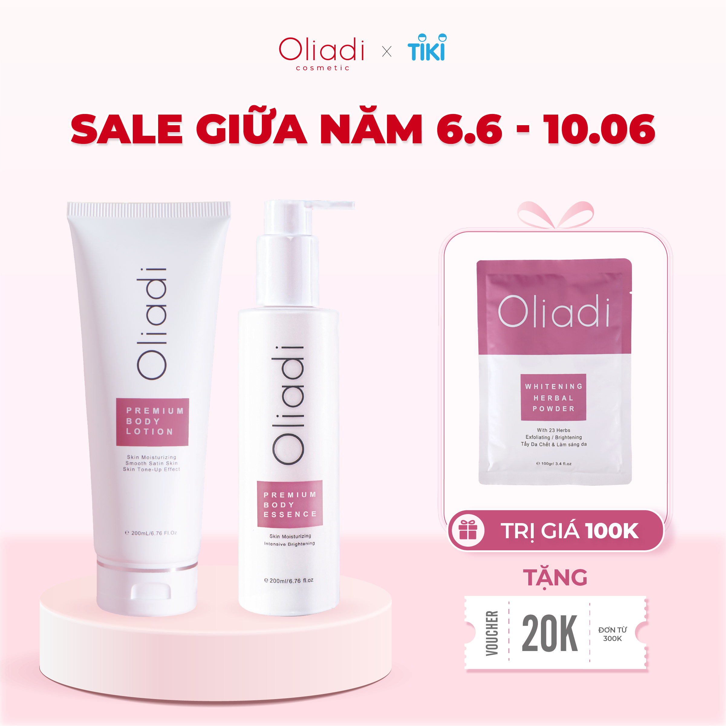 Bộ sản phẩm kem dưỡng trắng và cấp ẩm da body Oliadi Tặng 1 gói bột tắm thảo mộc 100gr