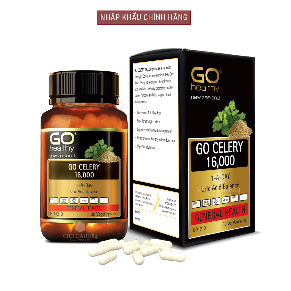 Bộ sản phẩm giúp hạn chế tổn thương xương sụn khớp cho người bị gut: Viên gout New Zealand GO CELERY 16000mg và viên uống bổ xương khớp New Zealand GO GLUCOSAMINE 1-A-DAY 1500mg