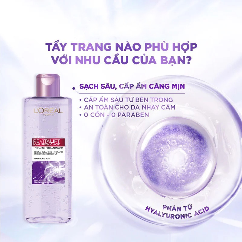 [L'OREAL PARIS] Nước Tẩy Trang Cấp Ẩm &amp; Chống Lão Hoá Chuyên Sâu Revitalift Hyaluronic Acid Hydrating Micellar 400 ml