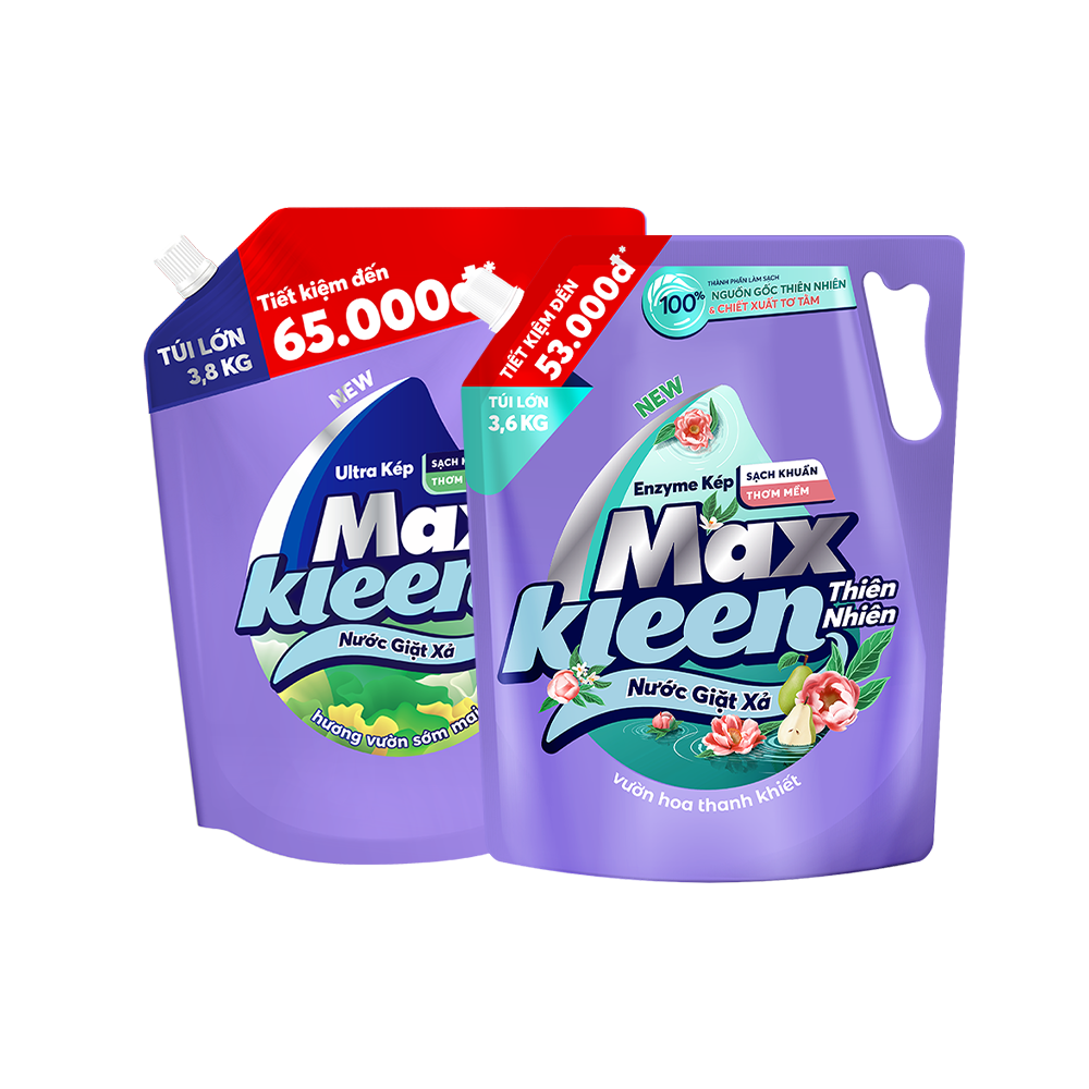 Combo Túi Nước Giặt Xả MaxKleen Thiên Nhiên 3.6kg &amp; Túi Giặt Xả Hương Vườn Sớm Mai 3.8kg