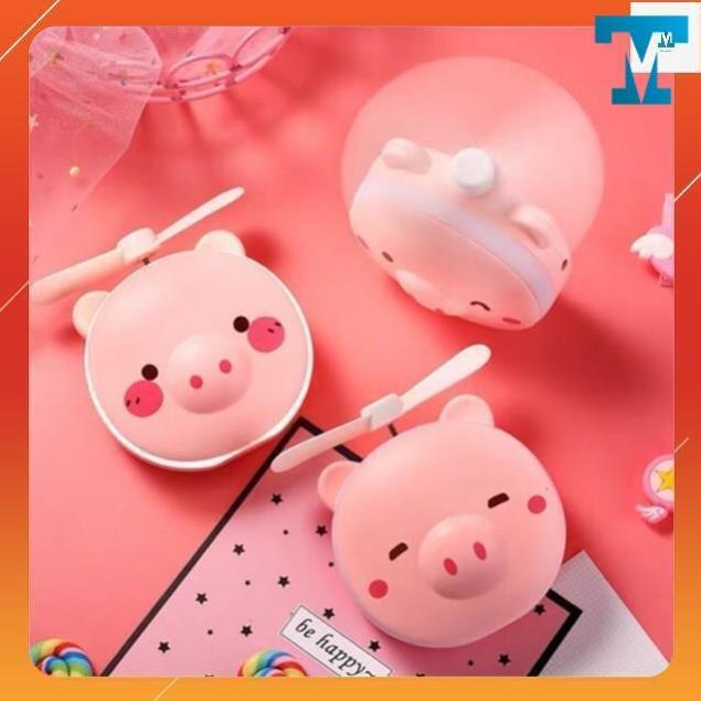 QUẠT TÍCH ĐIÊN MINI 3IN1 hình con heo | Quạt cầm tay đèn led gương