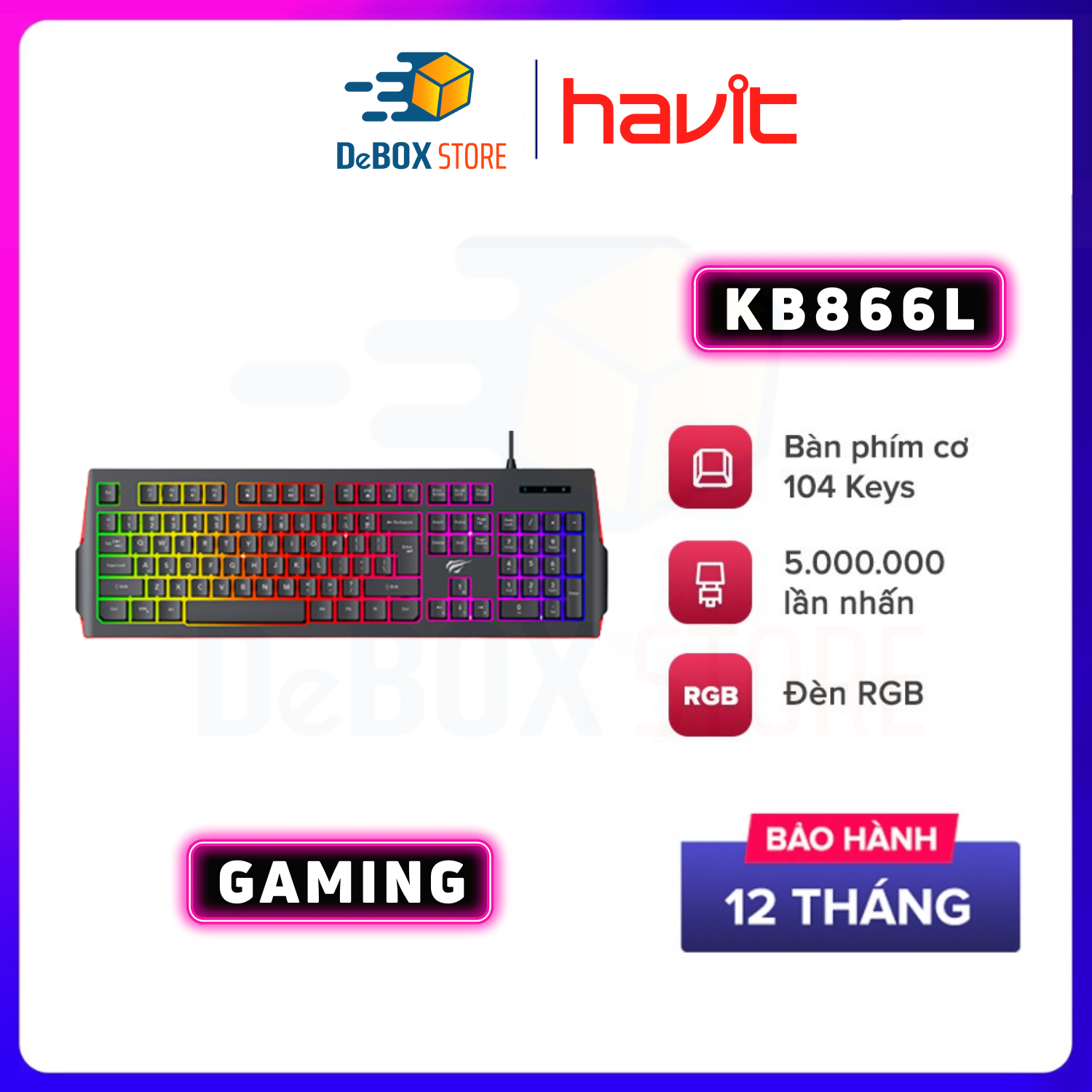 Bàn Phím Gaming RGB HAVIT KB866L, 104 Keys, Thiết Kế Công Thái Học, Tổ Hợp Phím Fn - Hàng Chính Hãng