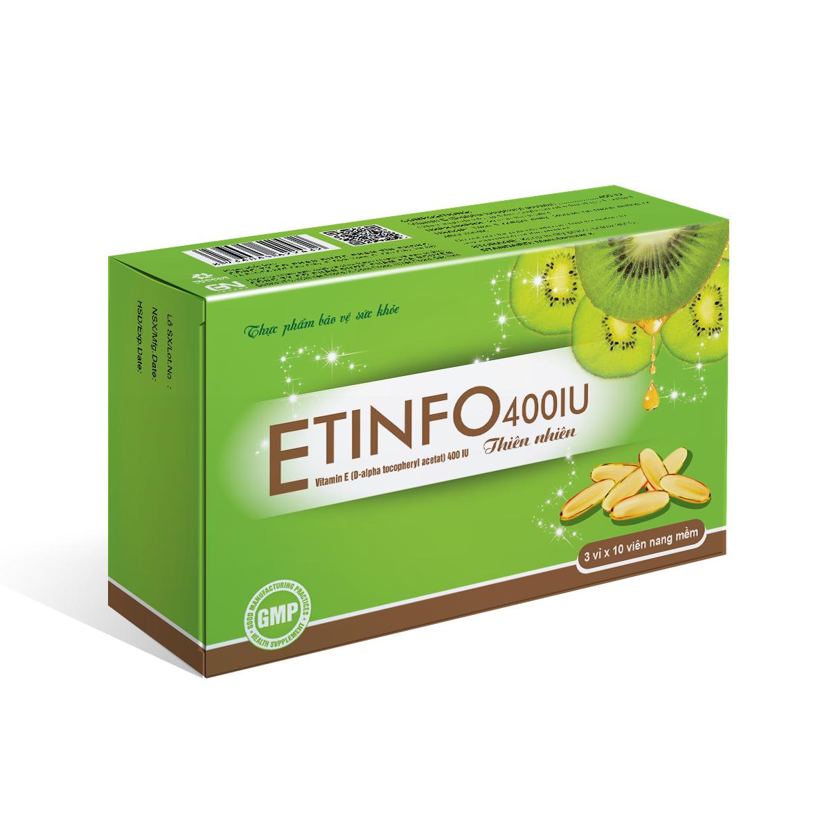 Etinfo 400IU Bổ sung vitamin E thiên nhiên 400 iU giúp ngăn ngừa lão hóa - Hộp 30 viên