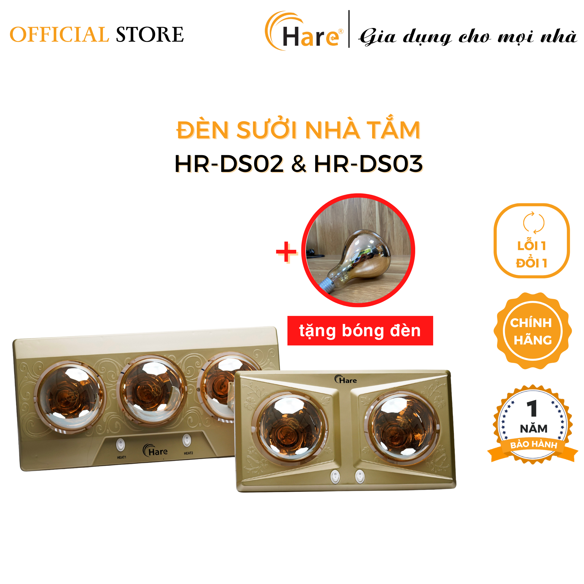 Đèn sưởi nhà tắm cao cấp sưởi ấm nhanh, chống loá, đui sứ chống cháy nổ -hàng chính hãng thương hiệu Hare - bảo hành 36 tháng