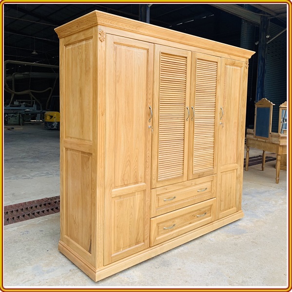 Tủ Quần Áo Gỗ Sồi Mỹ Tự Nhiên Cao Cấp - 4 Cánh + 2 Ngăn Kéo
