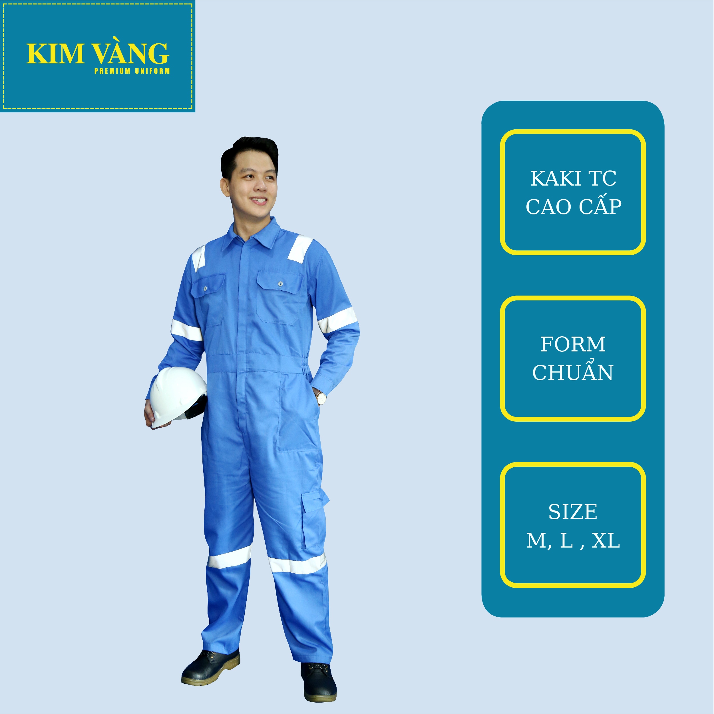 Bộ áo liền quần công nhân dầu khí đồng phục bảo hộ lao động chất liệu Kaki TC cao cấp - Màu xanh nhạt