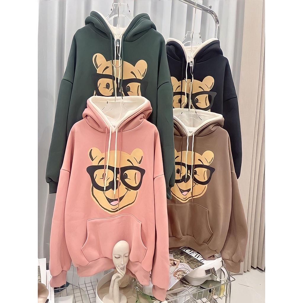 Áo Hoodie Nỉ Unisex Nam Nữ Gấu Đeo Kính Mũ 2 Lớp