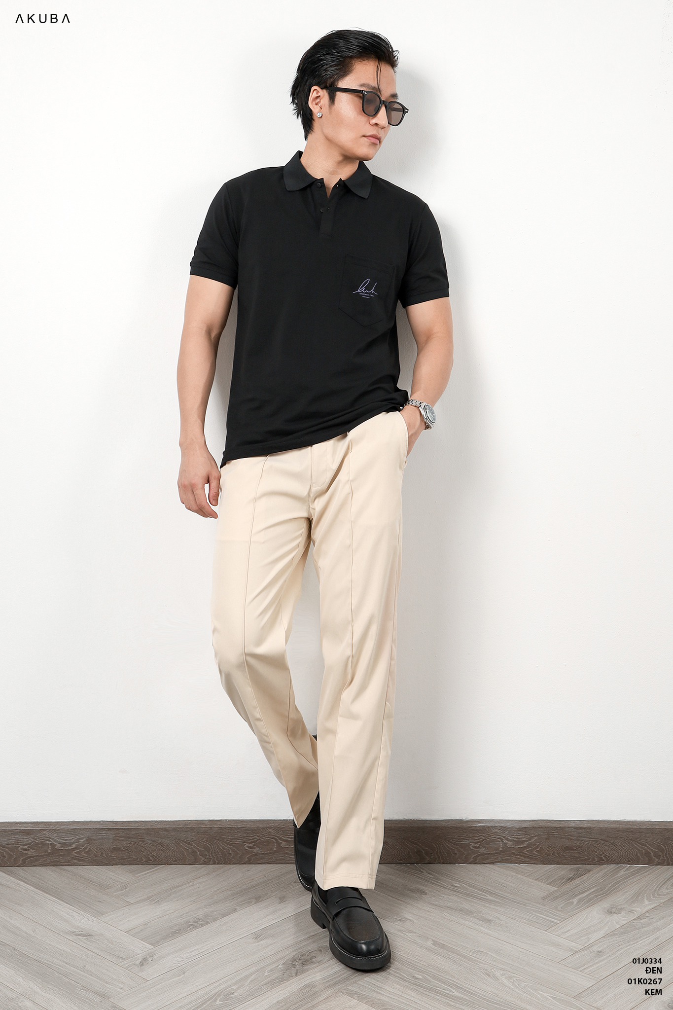 Áo thun Polo nam in chữ cổ bẻ AKUBA form slimfit | 01J0334