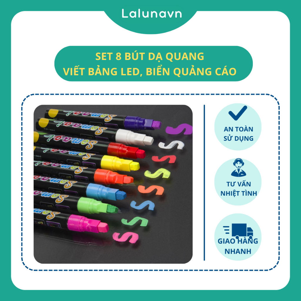 Set 8 Bút Dạ Quang Viết Bảng Led, Biển Quảng Cáo, Menu Mặt Kính Cao Cấp Lalunavn B190