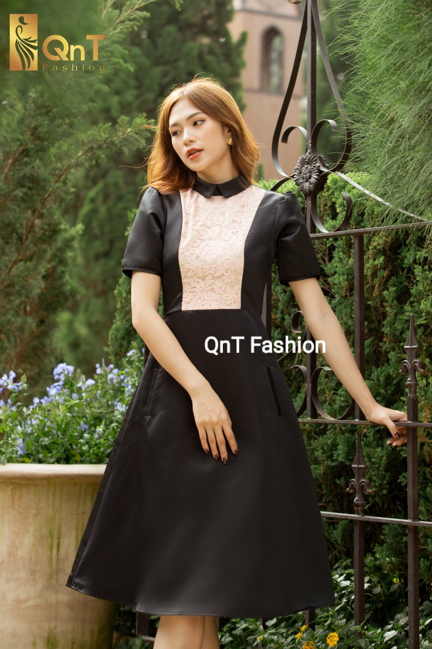 Đầm dự tiệc thiết kế dáng xòe-Đầm tafta đen 2 lớp phối ren chân A sang trọng,thanh lịch đi tiệc,đi làm hay đi chơi