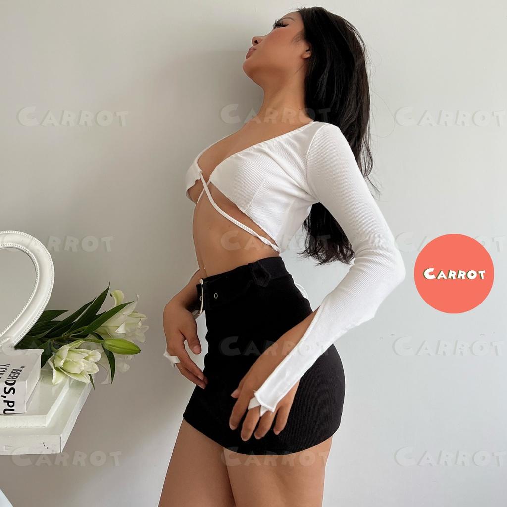 Áo croptop tay dài sexy trắng thiết kế chân váy đen basic ôm eo tôn dáng trendy thời trang nữ carrotxinhdep