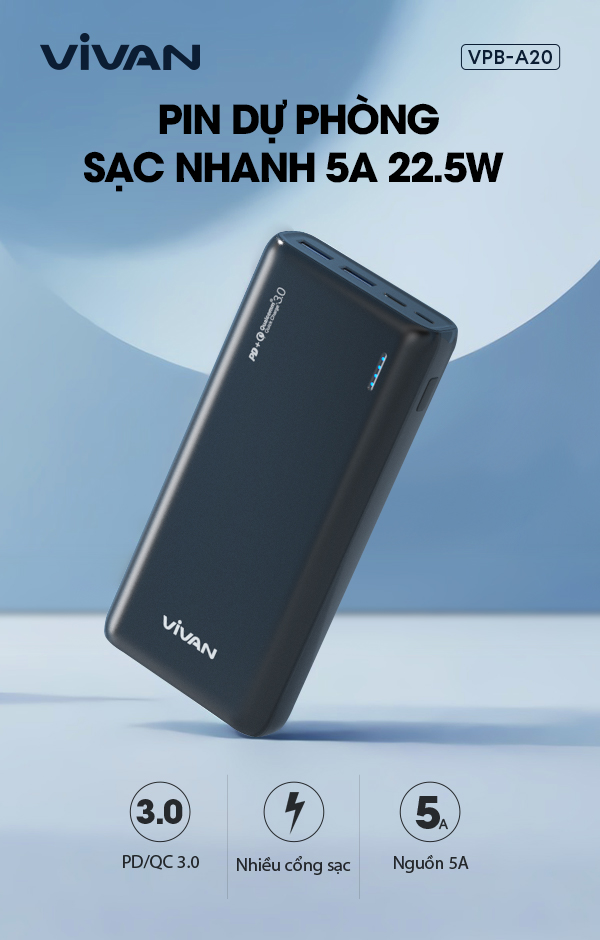 Pin sạc dự phòng Sạc nhanh VIVAN 20.000mah VPB-A20 2 Input &amp;amp; 3 OutPut Chuẩn PD/QC 3.0 - Hàng Chính Hãng