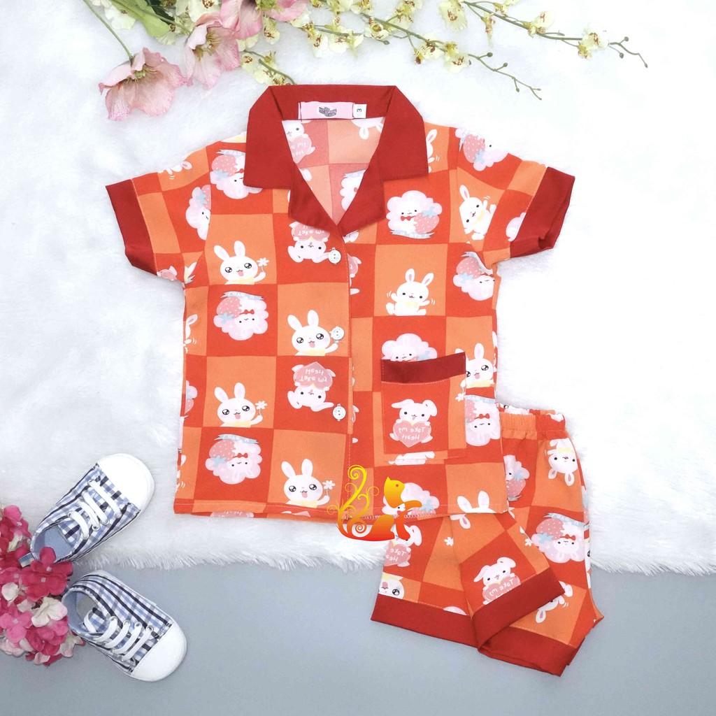 Đồ Bộ Pijama Satin Lụa Hàn &quot;Thỏ ô vuông&quot; Phối Cổ Trơn Quần Đùi Cho Bé - Từ 12kg - 42kg