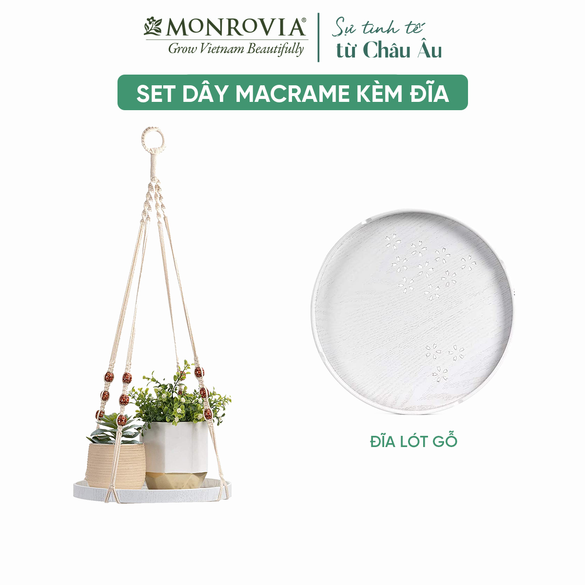 Set dây treo Macrame kèm đĩa đựng chậu MONROVIA, trang trí trong nhà, sân vườn, đan thủ công tỉ mỉ, Tiêu chuẩn Châu Âu