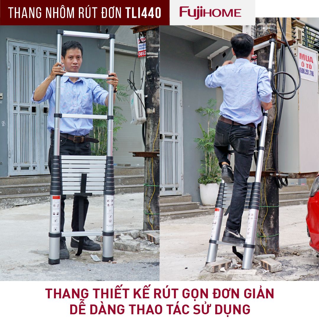 Thang nhôm rút gọn đơn chữ I FUJIHOME TLI440 ( Chiều cao 4,4m, rút gọn 0.93m, tải trọng 150kg ) Hàng chính hãng