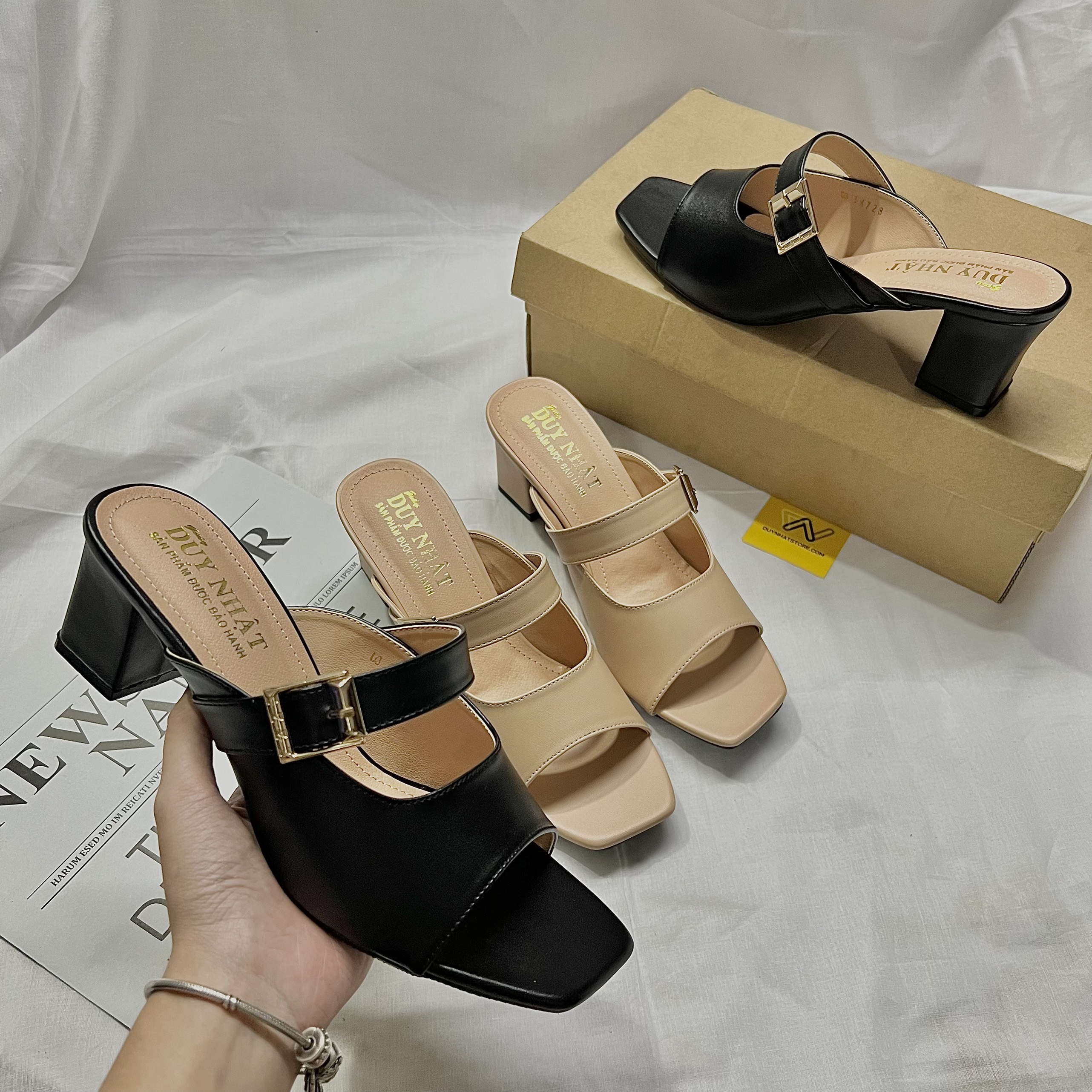 Dép Cao Gót Quai Ngang Giày Duy Nhật Store Phối Da Mờ Chữ H Khóa Gót Mũi Vuông Đẹp Cao Cấp 5cm 2 Màu Nude Đen Trung Niên