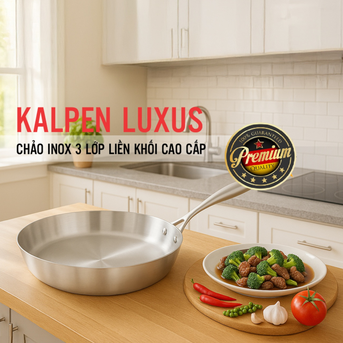 Chảo Inox 3 lớp đúc liền khối Kalpen Luxus size 28cm, bảo hành 5 năm