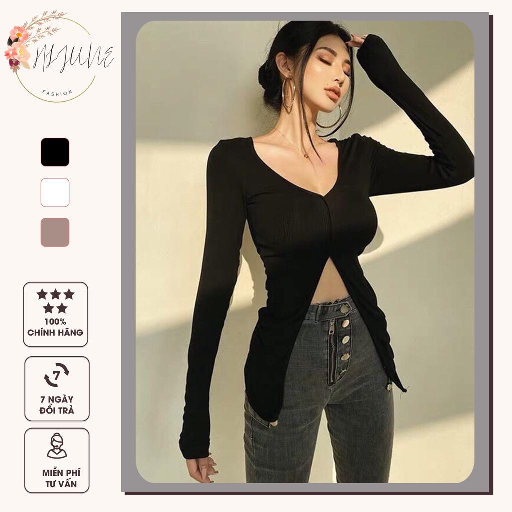 Áo croptop nữ kiểu dài tay xẻ tà vải thun gân cổ tim ôm body sexy HIJUNE CT08