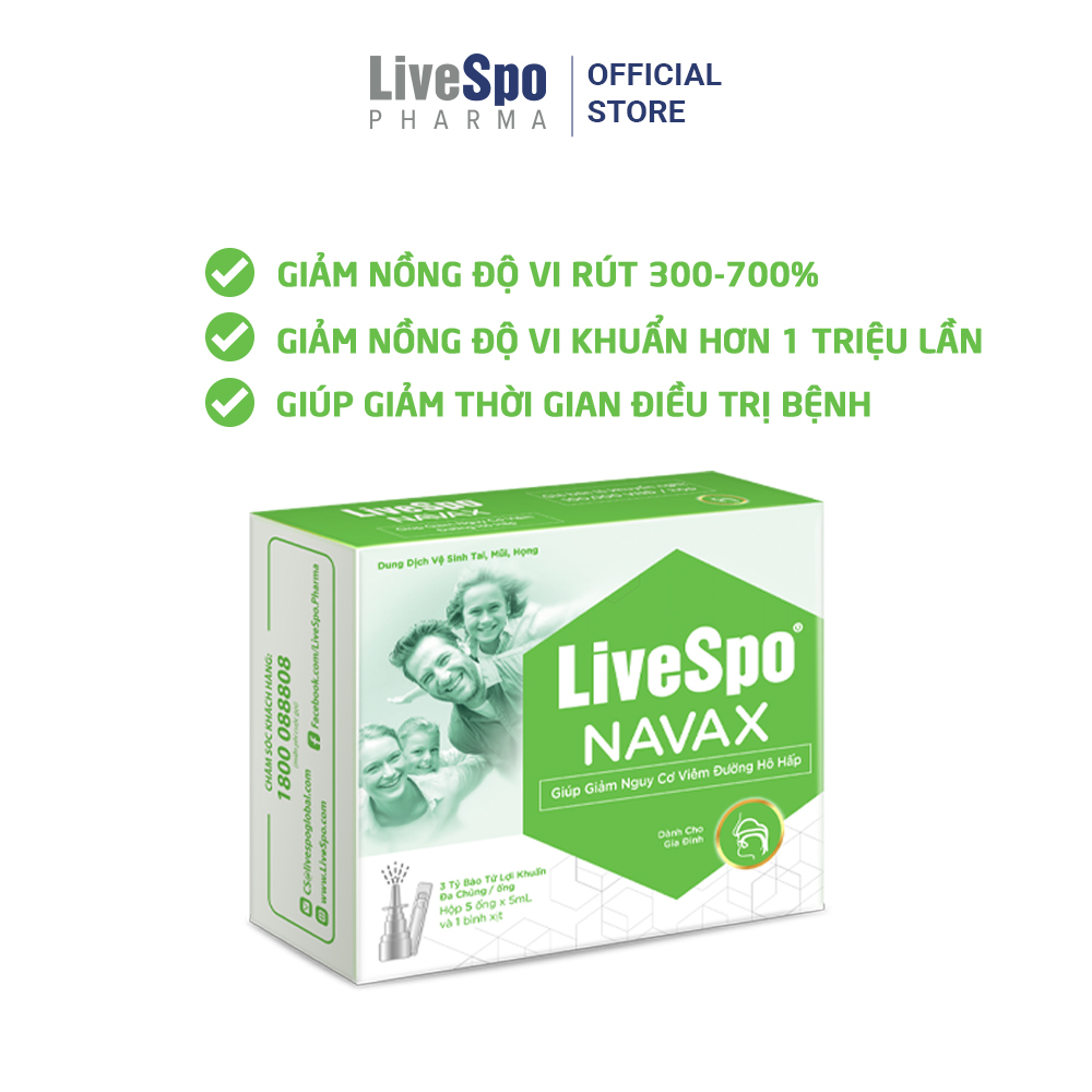 Combo Hộp nước muối sinh lý bào tử lợi khuẩn LiveSpo Navax Family - Dành cho gia đình 5 ống x 5ml + Hộp nước muối sinh lý bào tử lợi khuẩn Livespo Navax chuyên dụng - vệ sinh, phòng ngừa viêm nhiễm tai mũi họng 4 ống x 5ml