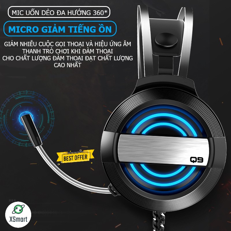 Tai nghe chụp tai máy tính GAMING XSmart MC Q9 có đèn LED đổi màu, mic đàm thoại, headphone chơi game trên laptop, pc - Hàng Chính Hãng