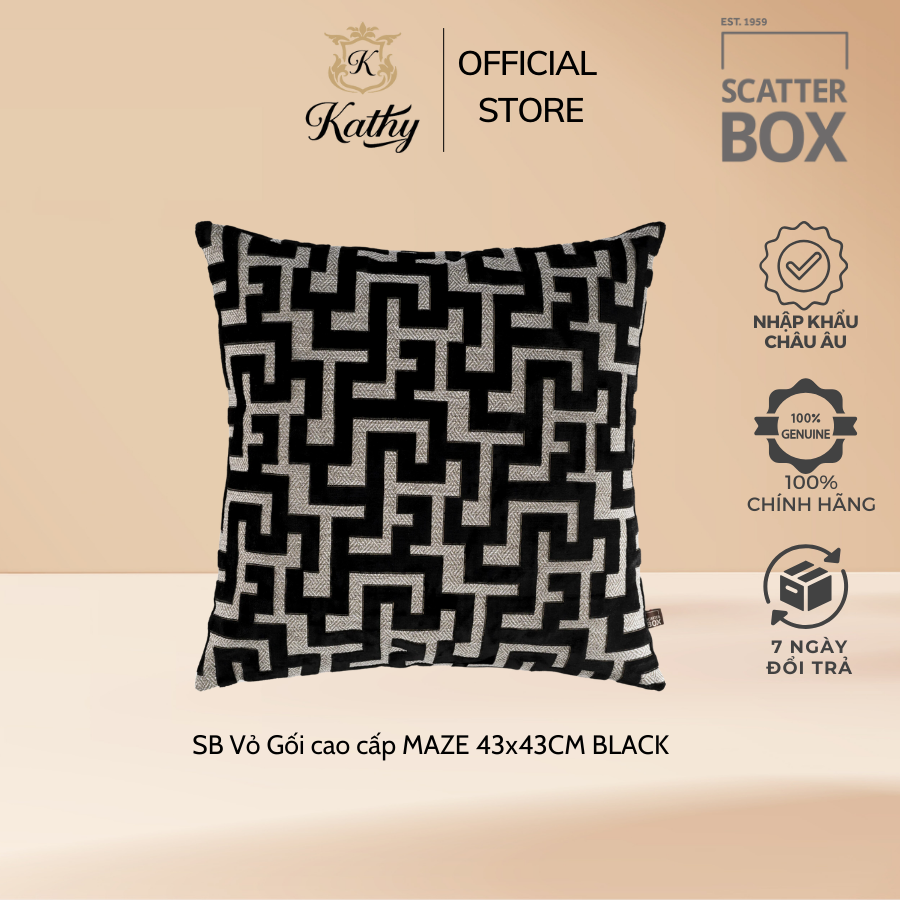 SCATTER BOX Vỏ Gối cao cấp nhập khẩu Ireland Anh Quốc MAZE màu BLACK kích thước 43x43CM phong cách hiện đại