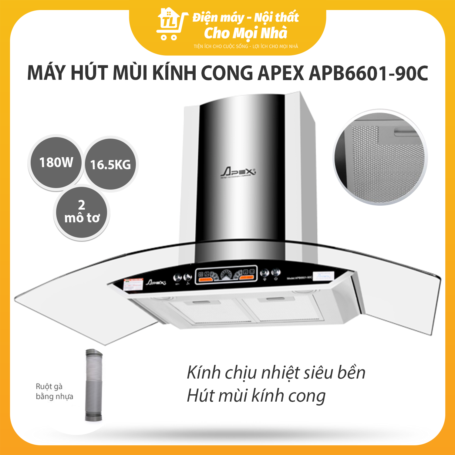 Máy Hút Mùi Kính Cong Sunhouse Apex APB6601-90C - Hàng chính hãng