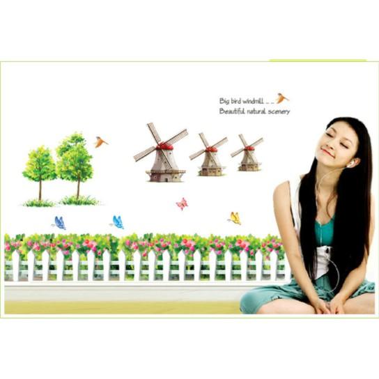 Decal trang trí tường cối xay gió và cây xanh