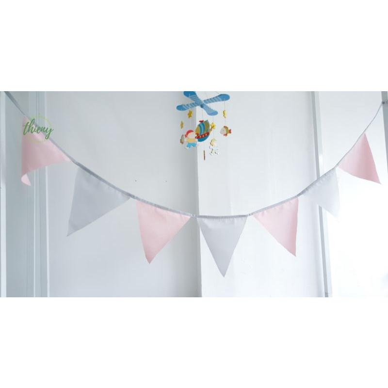 Dây cờ tam giác vải màu pastel ghi hồng, xịn may đẹp, dài 2,2m, Dây cờ trang trí Decor Sinh nhật, Lều vải Thiên Ý