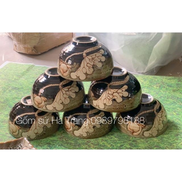 Combo 6 bát cơm gốm sứ Bát Tràng cao cấp không chì men hoả biến gấm khắc sen chìm
