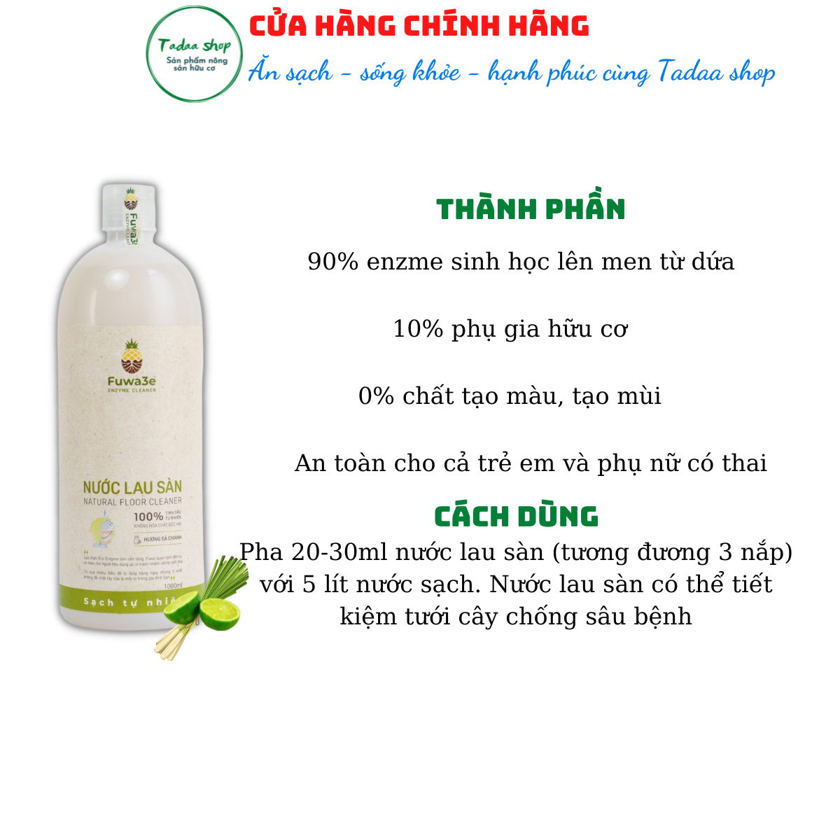 Nước lau sàn hữu cơ Fuwa3e hương sả chanh, sạch bóng thơm mát nhà cửa chai 1 Lit