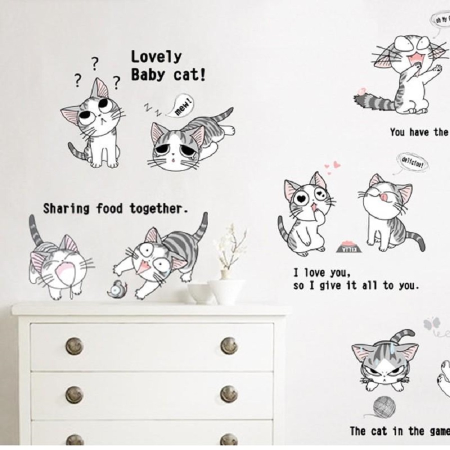 Decal dán tường trang trí phòng bé và quán coffe trà sữa mèo vui nhộn